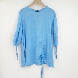 IC by Connie K Blue 100% Linen Drawstring Ruched 3/4 Sleeve Tunic Blouse Medium